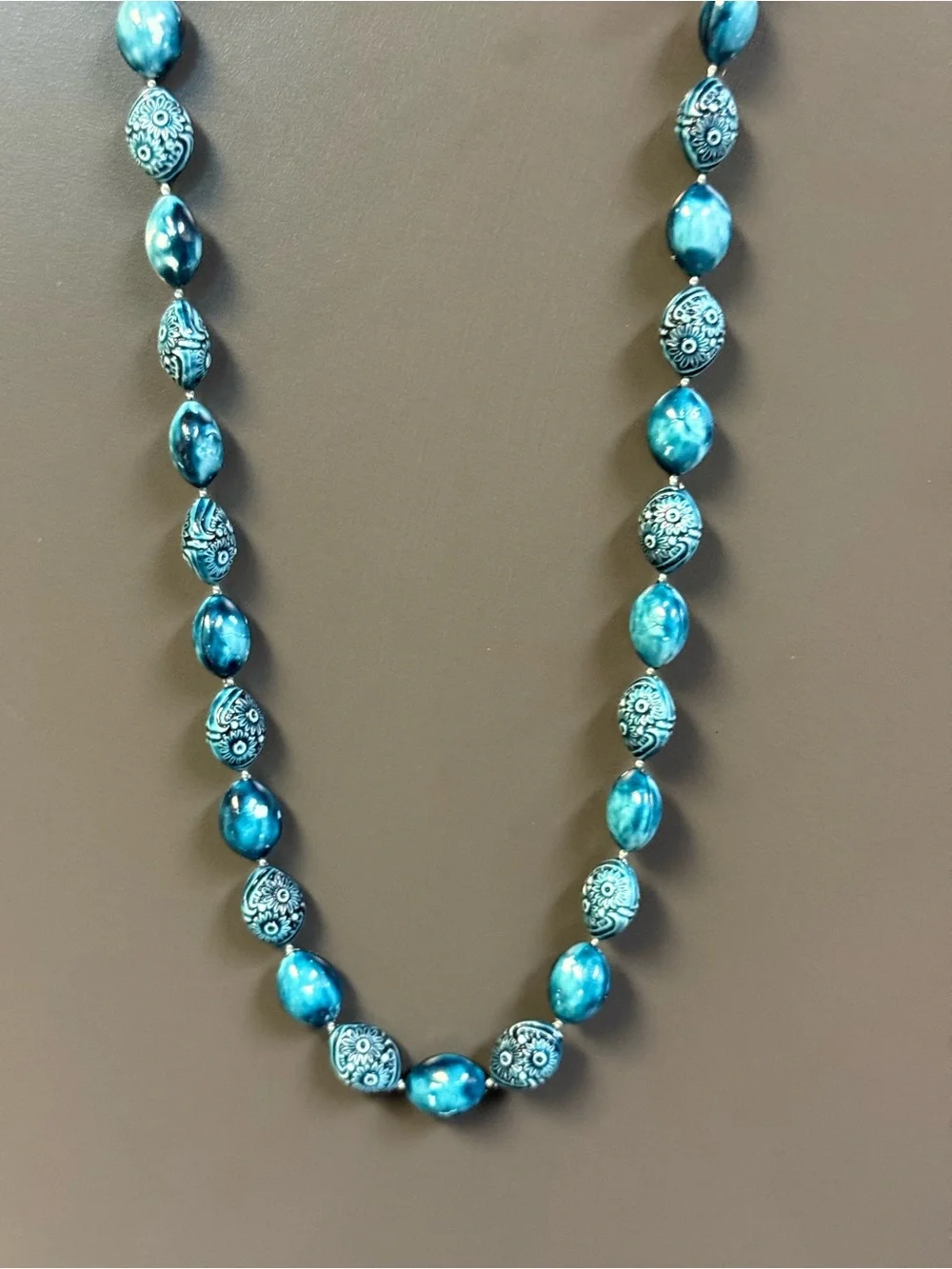 Blue Floral Ceramic Textured Bead 28” Necklace